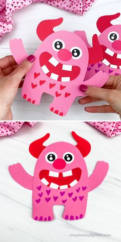 two pictures of pink paper cut outs with hearts on them