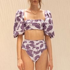 Esa Purple Floral Two Piece Retro Swimsuit Fitted Puff Sleeve Sets For Spring, Fitted Puff Sleeve Spring Set, Chic Floral Print Beach Set, Chic Floral Print Sets For The Beach, Fitted Floral Print Vacation Sets, Printed Fitted Sets For Poolside, Fitted Printed Sets For Poolside, Chic Fitted Purple Set, Fitted Summer Party Sets