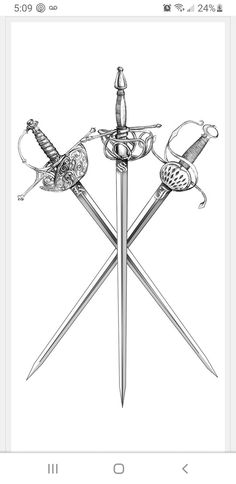 a drawing of three swords with two birds on them