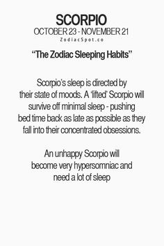 the zodiac sleeping habit for scorpio is shown in black and white with text