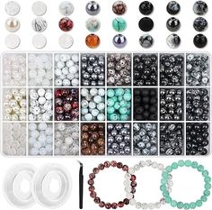 various beads and bracelets are arranged in a box on a white background, including one bead