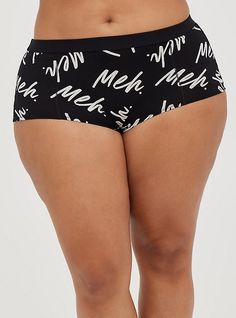 FIT Mid-rise. Medium coverage. MATERIALS + CARE Cotton-blend knit fabric. . 95% cotton, 5% spandex. Machine wash cold. Dry flat. Imported. DETAILS 'Meh' print. . The best plus size women's cotton mid-rise boyshort panty panties in meh repeat black made of cotton/spandex. Torrid is your destination for cozy fall and winter clothes to keep you warm and comfortable. Pajamas Comfy, Black Image, Matches Fashion, Bra Shop, Winter Clothes, Cozy Fall, Fall And Winter, Tee Shop, Cotton Spandex