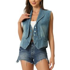 This retro denim jean vest is a timeless wardrobe staple that never goes out of fashion. Its classic design and distressed details add an effortlessly cool. The collar of this jean jacket adds a modern and sleek twist to the traditional denim jacket style. Measurement (in inches) International Size----------Chest----------Length----------Shoulder XS------------------------------37.0--------------23.2-------------------14.6 S--------------------------------38.6--------------23.6------------------ Medium Wash Button-up Denim Vest For Spring, Fitted Medium Wash Denim Vest Button-up, Cheap V-neck Denim Vest For Summer, Sleeveless Jean Jackets, Fitted Denim Vest With Button-up Closure, Womens Denim Vest, Medium Wash Button-up Denim Vest With Pockets, Denim Jacket Fashion, Jean Vest