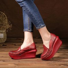 etsy06-2 Platforms 5.5 Wine red Elegant Wedges Shoes, Red Platforms, Red Platform, Oxford Boots, Buckle Ankle Boots, High Heel Wedges, Chunky Heels Sandals, Wedge Pumps, Retro Women