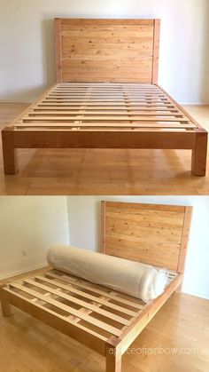 the bed frame is made out of wood and has no headboard or foot board