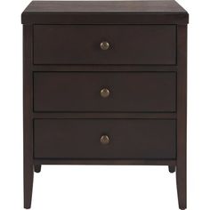 a dark brown nightstand with three drawers and two pulls on the bottom, one drawer open