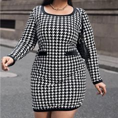 Black & White Checker Dress Elegant Mini Dress With Houndstooth Pattern For Winter, Elegant White Houndstooth Mini Dress, Elegant Houndstooth Mini Dress For Party, Elegant White Mini Dress With Houndstooth Pattern, Elegant White Houndstooth Pattern Dress, Fall Party Dress With Houndstooth Pattern, Chic Houndstooth Party Dress, Chic Houndstooth Pattern Dress For Party, Black And White Long Sleeve Party Dress