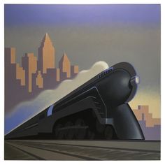 a painting of a train going down the tracks in front of a cityscape