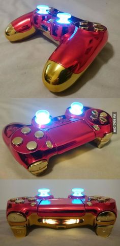 two different views of a red and gold video game controller with blue lights on it