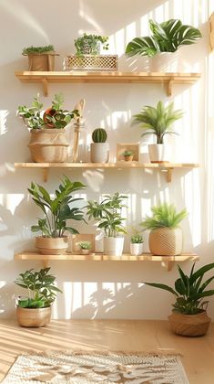 many houseplants are arranged on wooden shelves