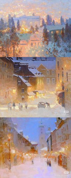 two paintings of people walking in the snow at night and day, with buildings lit up behind them