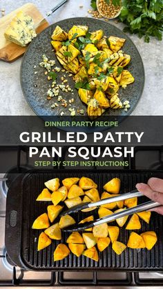 grilled patty pan squash on the grill with text overlay that reads, dinner party recipe grilled patty pan squash step by step instructions