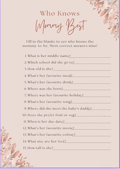 a baby shower game with the words who knows marry best on it and pink flowers