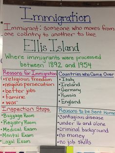 a white board with writing on it that says, immigrant immigrants someone who moves from one country to another to live ellis island