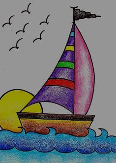 a drawing of a sailboat in the ocean with birds flying above it and sun rising