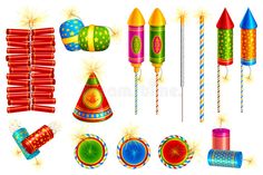 set of colorful party objects including balloons, candles and streamers on a white background