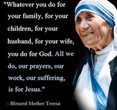 an old woman with a blue headdress and a quote from the mother teresa