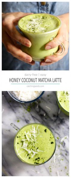 two pictures showing different types of food and the words honey coconut matcha latte