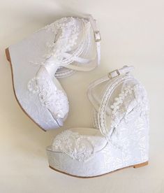 White Lace Wedding Wedge Sandals - Etsy Elegant Open Toe Wedge Sandals For Wedding, White Open Toe Wedding Shoes For Reception, White Wedge Sandals For Wedding, White Wedge Heel Sandals For Wedding, Elegant White Wedge Sandals For Wedding, White Wedge Heel Heels For Wedding, White Wedge Heel Wedding Shoes, White Wedge Heels For Wedding, Lace Wedges Shoes