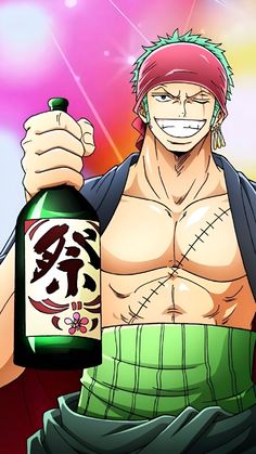 the anime character is holding a bottle of wine