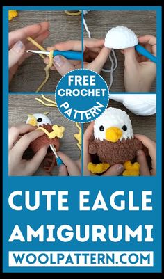 the instructions to make an eagle amigurm with yarn and crochet are shown