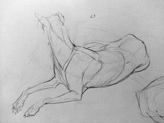 a drawing of a man laying on his back with one leg in the air and another arm behind him