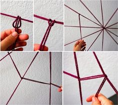 four pictures showing how to tie the ends of a string art project with red yarn