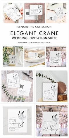 elegant crane wedding stationery suite with white cards and greenery on the bottom right corner