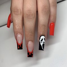 Gel X Halloween Nail Designs, Ghostface Nails Coffin, Nail Ideas Ghost Face, Cute Nail Designs Birthday, Nails Theme Ideas, Scream Nail Art Tutorial, Halloween Ghost Face Nails, Tapered Square Halloween Nails, Ghostface Inspired Nails