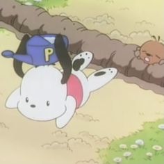 two cartoon characters are playing with each other in front of a fallen tree branch and another character is looking at the ground