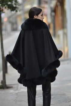 Winter Cashmere Cape With Fox Fur Trim, Elegent Black Cape for Women, One Size Fits All - Etsy Saudi Arabia Black Fitted Winter Cape, Elegant Cashmere Winter Cape, Elegant Luxury Cashmere Cape, Luxury Faux Fur Cape For Winter, Winter Cape, Luxury Women's Cape-style Fur Coat, Cape For Women, Cashmere Cape, Black Cape