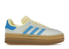 adidas Gazelle Bold Almost Blue Yellow (Women's) Adidas Gazelle Blue, Dark Gums, Adidas Gazelle Bold, Gazelle Bold, Yellow Adidas, Bold Shoes, Yellow Shoes, Hot Sneakers, Adidas Gazelle