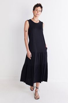 A timeless and feminine staple characterized by delicate pleats, style this dress with heels or flats to dress it up or keep it more casual and relaxed with some sneakers. Sleeveless Pleated design Maxi length Side pockets Oversized fit Casual Black Tiered Mini Dress, Playful Black Cotton Dress, Black Linen Tiered Dress, Black Cotton V-neck Maxi Dress, Black Cotton T-shirt Dress With Relaxed Fit, Pima Cotton, Oversized Fits, Cotton Dresses, Fashion Forward