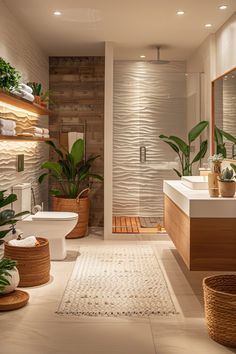 a modern bathroom with plants in baskets on the floor