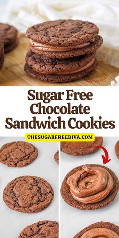 chocolate sandwich cookies are stacked on top of each other with the words, sugar free chocolate sandwich cookies