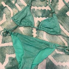 Nwot! Beautiful Mermaid Mint Green Shimmer Bikini Lab Set - Never Worn! Purchased At Nordstrom, Adjustable Tie Strings On Sides Of Both Top & Bottom/ Both Pieces Included In Listing Price! Size Women’s Small Shimmer Triangle Top Swimwear For Pool, Shimmer Triangle Top Swimwear, Metallic Shimmer Swimwear For Beach, Fitted Metallic Swimwear For Beach, Fitted Shimmer Swimwear For Sunbathing, Fitted Shimmer Swimwear For Beach, Stretch Shimmer Swimwear For The Beach, Stretch Shimmer Swimwear For Beach Season, Fitted Shimmer Swimwear For Beach Season