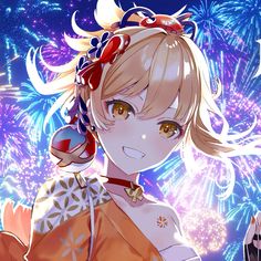 an anime character with blonde hair and blue eyes, standing in front of colorful fireworks