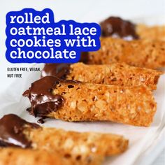 rolled oatmeal lace cookies with chocolate are on a white plate and the title reads rolled oatmeal lace cookies with chocolate