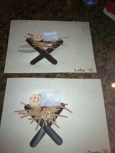 two pictures of paper cut out of the shape of a baby in a manger