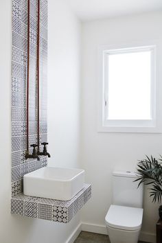 a white toilet sitting next to a sink in a bathroom under a window near a potted plant