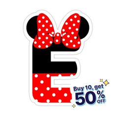 minnie mouse sticker with the letter e in red and white polka dots on it