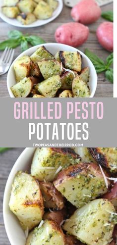 grilled pesto potatoes in a white bowl