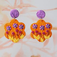 "Handmade floral earrings, rich in details. Unique piece. This pair of earrings is crafted in polymer clay and hand painted. The stud is in gold plated 925 silver.  Size: 2,2x1,4 \" / 5,6x3,6 cm Hand made in Italy by IlQuartoReame." Unique Polymer Clay Earrings For Gift, Unique Polymer Clay Earrings For Gifts, Gift Polymer Clay Earrings, Handmade Polymer Clay Jewelry For Birthday, Polymer Clay Dangle Earrings For Birthday, Dangle Polymer Clay Earrings For Birthday, Flower Shaped Polymer Clay Earrings For Gift, Handmade Polymer Clay Earrings For Birthday, Birthday Polymer Clay Dangle Earrings