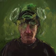 a painting of a man wearing a green hat