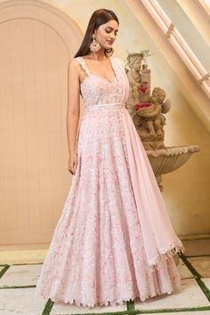 Shop for Ariyana Couture Pink Viscose Organza Embroidered Anarkali Set for Women Online at Aza Fashions Sequin Set, Pink Anarkali, Organza Embroidery, Embroidered Anarkali, Pink Thread, Embroidered Tunic Dress, Draped Skirt, Cute Prom Dresses, Couture Designers