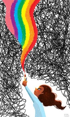 a drawing of a woman reaching up to a rainbow - colored balloon in the air