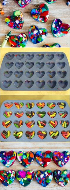 an assortment of heart shaped muffin tins