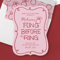 a close up of a pink and white wedding card with the words fling before the ring on it