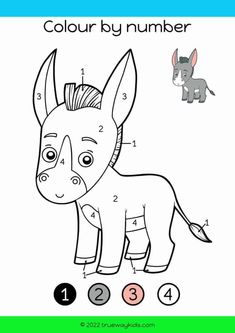 the color by number donkey is shown with numbers to be added in this coloring page