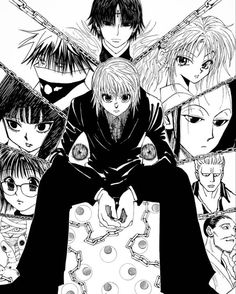 an anime poster with many different characters and their names in black and white, including two men